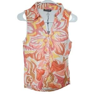 Cable & Gauge Sleeveless Collar Ruched Mosaic Print Top Small S Summer Chic NWT